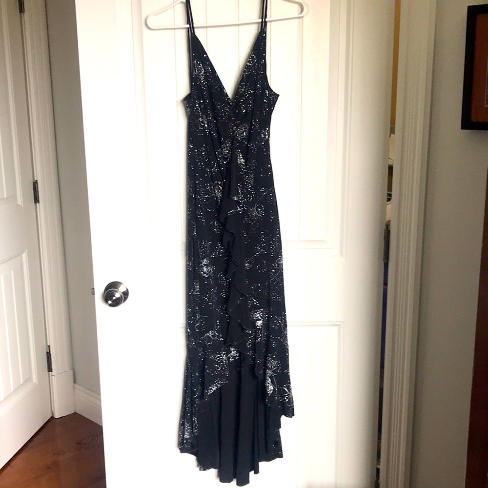Tawny black and silver sparkle front ruffle high low formal dress